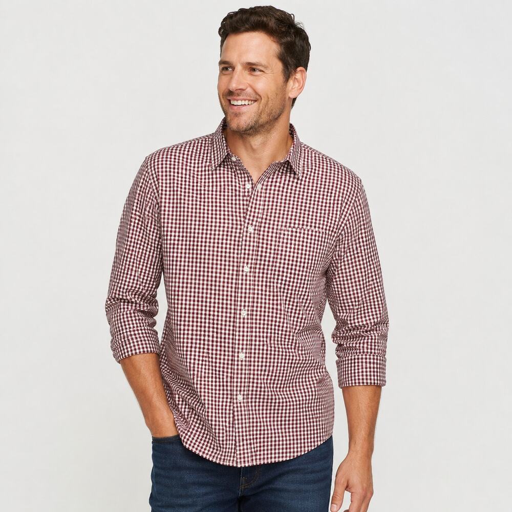 Lands’ End Men’s Red White Gingham Button Down Shirt 2XL Cotton Classic Preppy